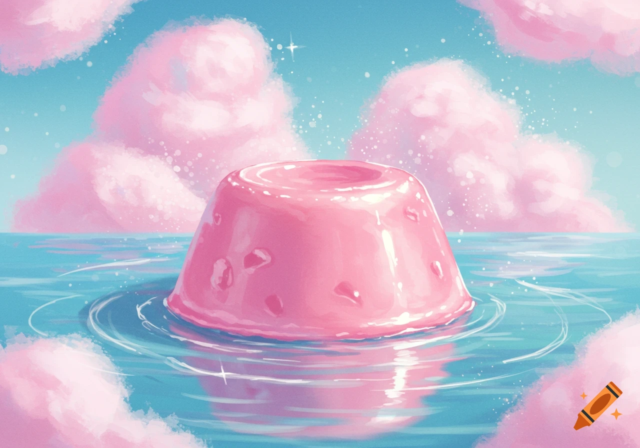A bright pink dome-shaped jelly floats on light blue water under a sky with fluffy pink clouds in a dreamy illustration.