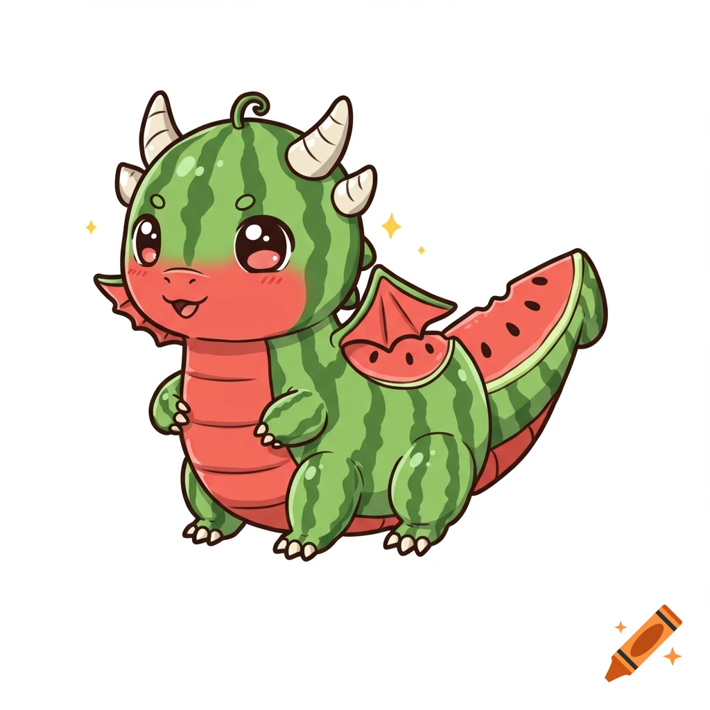 A cute, cartoon-style green and red watermelon dragon with large eyes and small wings on a white background.
