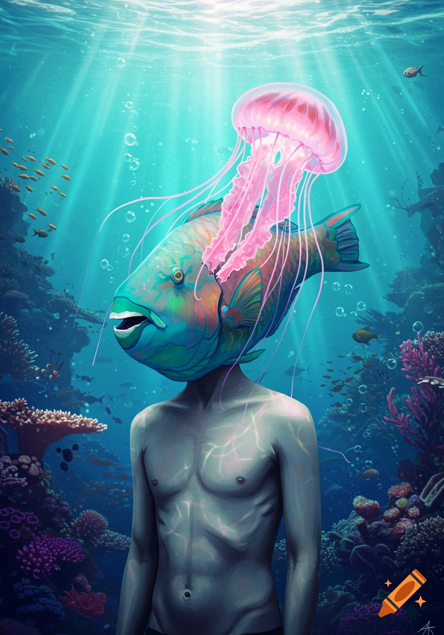 Surreal underwater art of a shirtless person with a colorful parrot fish head and pink jellyfish hair, surrounded by coral and fish.