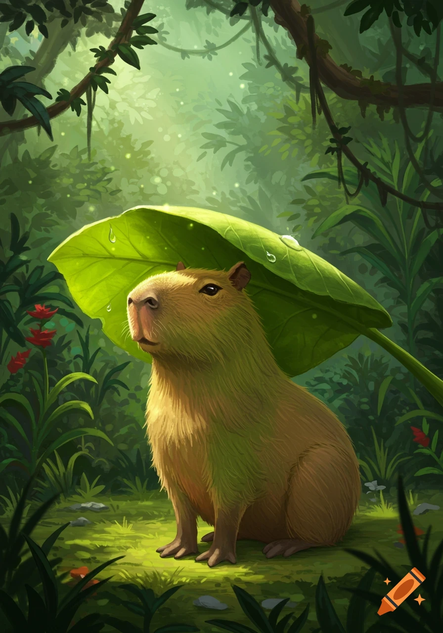 A cute capybara sits under a large green leaf in a lush, green jungle, illustrated in a vibrant art style.