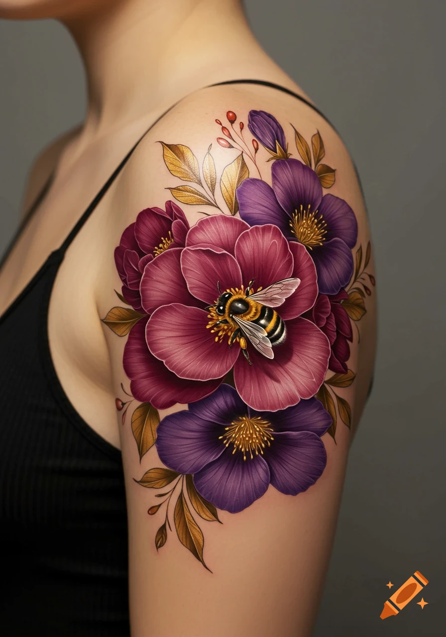 Vibrant flower bouquet with a honey bee tattooed on a person's shoulder.