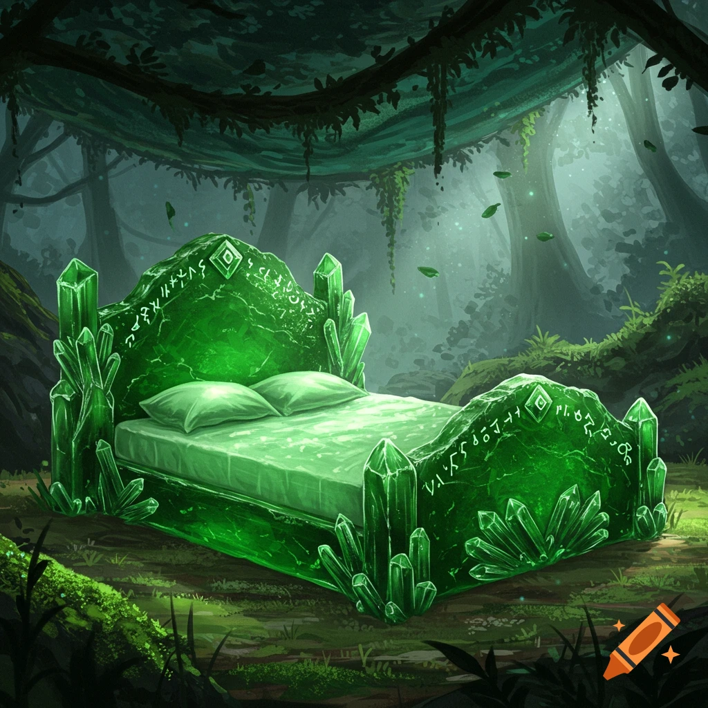 A queen-size bed made of glowing green crystals sits in a lush, misty forest.