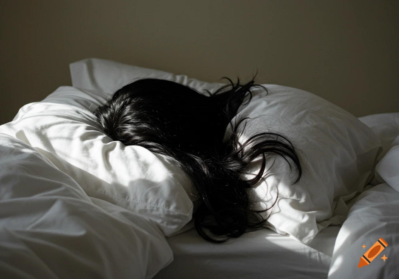 A person with long, dark hair buried in a white pillow on a bed, with sunlight highlighting the bedding.
