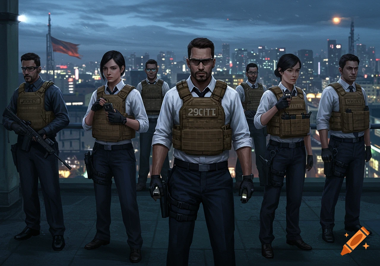 A group of tactical operators in plate carriers and dress shirts stand on a city rooftop at dusk, with city lights in the background.