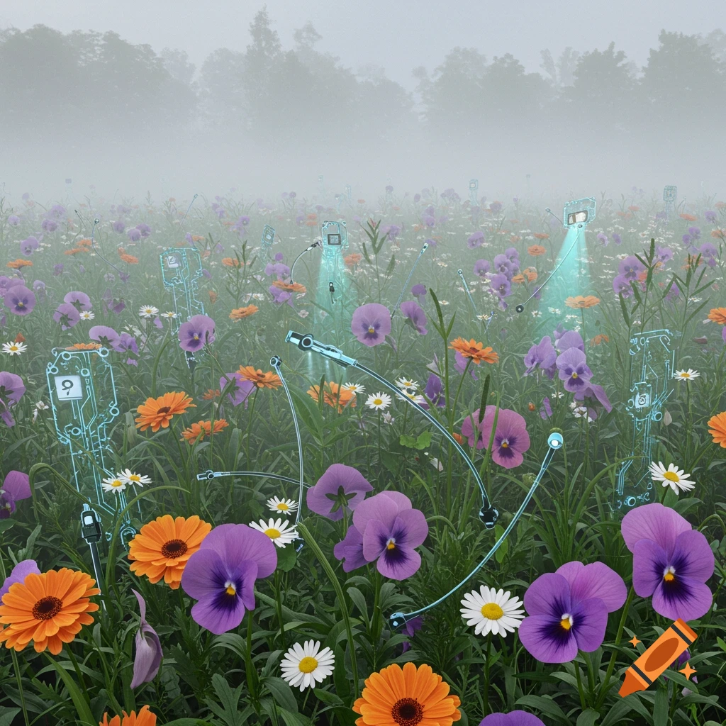 A misty field of purple pansies, orange calendulas, and white daisies with glowing blue futuristic tech elements and circuitry interwoven among the flowers.