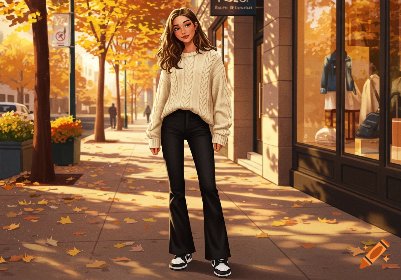 A stylized illustration of a young woman in a cream sweater and black flared pants standing on an autumn city street with golden trees and fallen leaves.