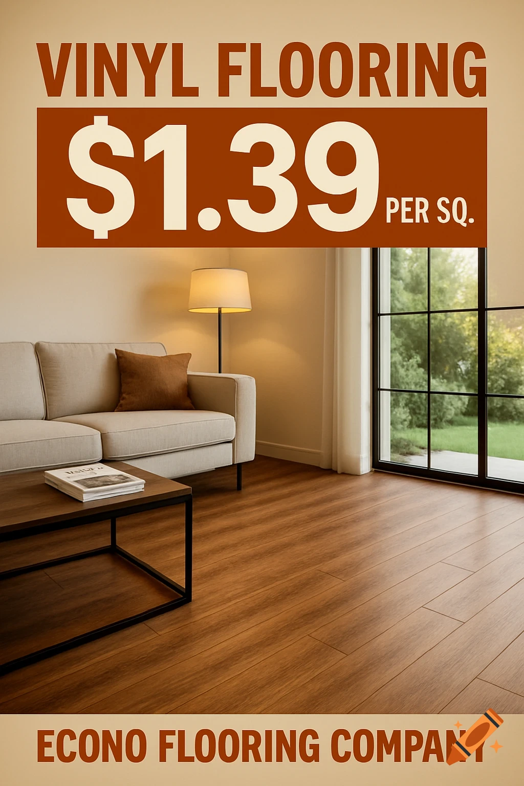 An advertisement for Econo Flooring Company shows a modern living room with new vinyl flooring, priced at $1.39 per sq.