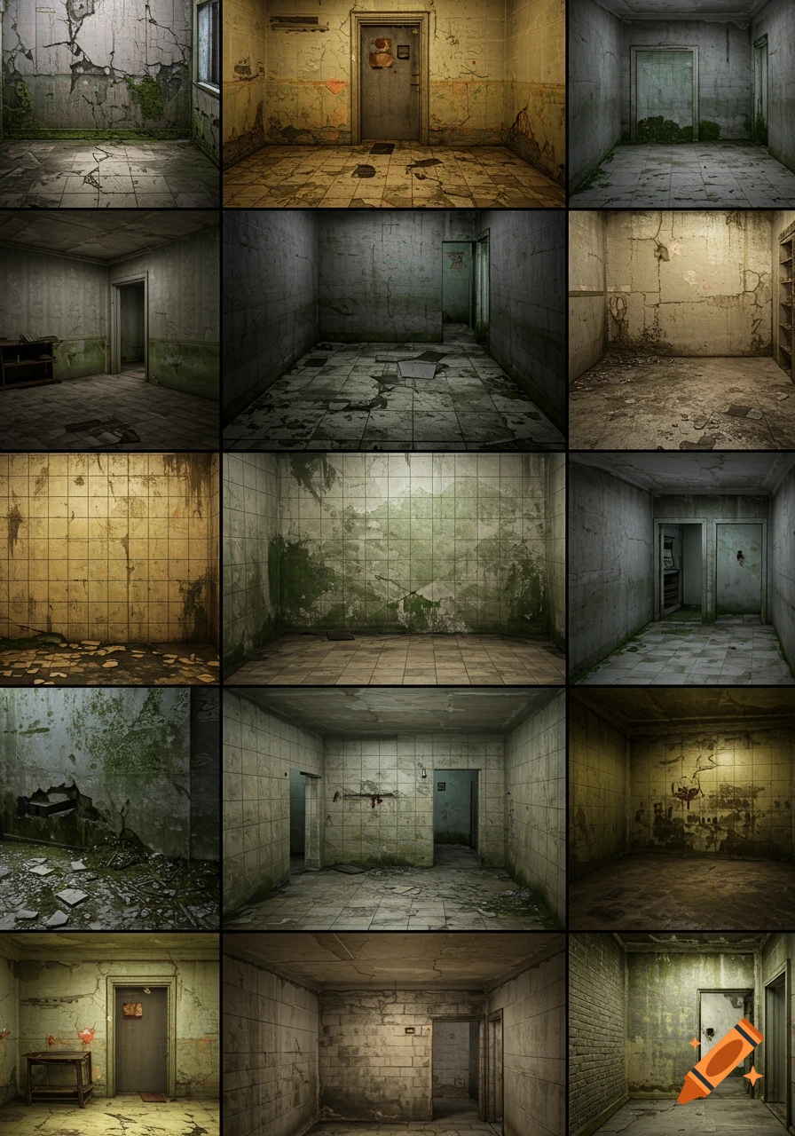 A texture atlas grid showing multiple dreary, abandoned rooms with peeling paint, cracked walls, and broken floors.