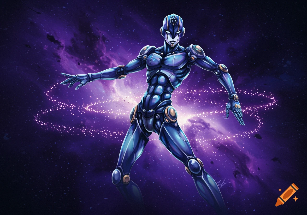 A blue metallic humanoid robot with gold accents stands in a cosmic purple background with swirling light trails.