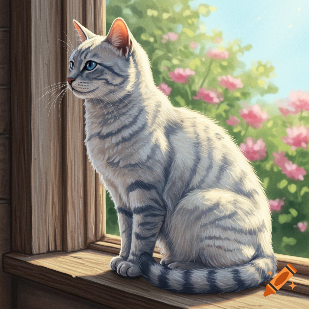 A light blue tabby cat with dark blue eyes sits on a wooden windowsill, looking out at blooming pink flowers in a garden.