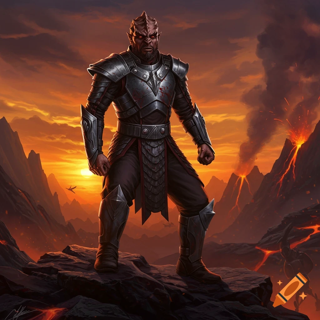 A formidable horned warrior in dark armor stands on a rocky cliff overlooking a volcanic landscape at sunset.