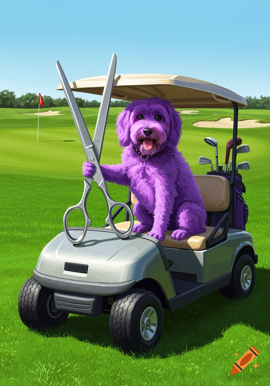 A vibrant purple dog sits on a golf cart on a green golf course, holding giant silver scissors in an illustrative style.