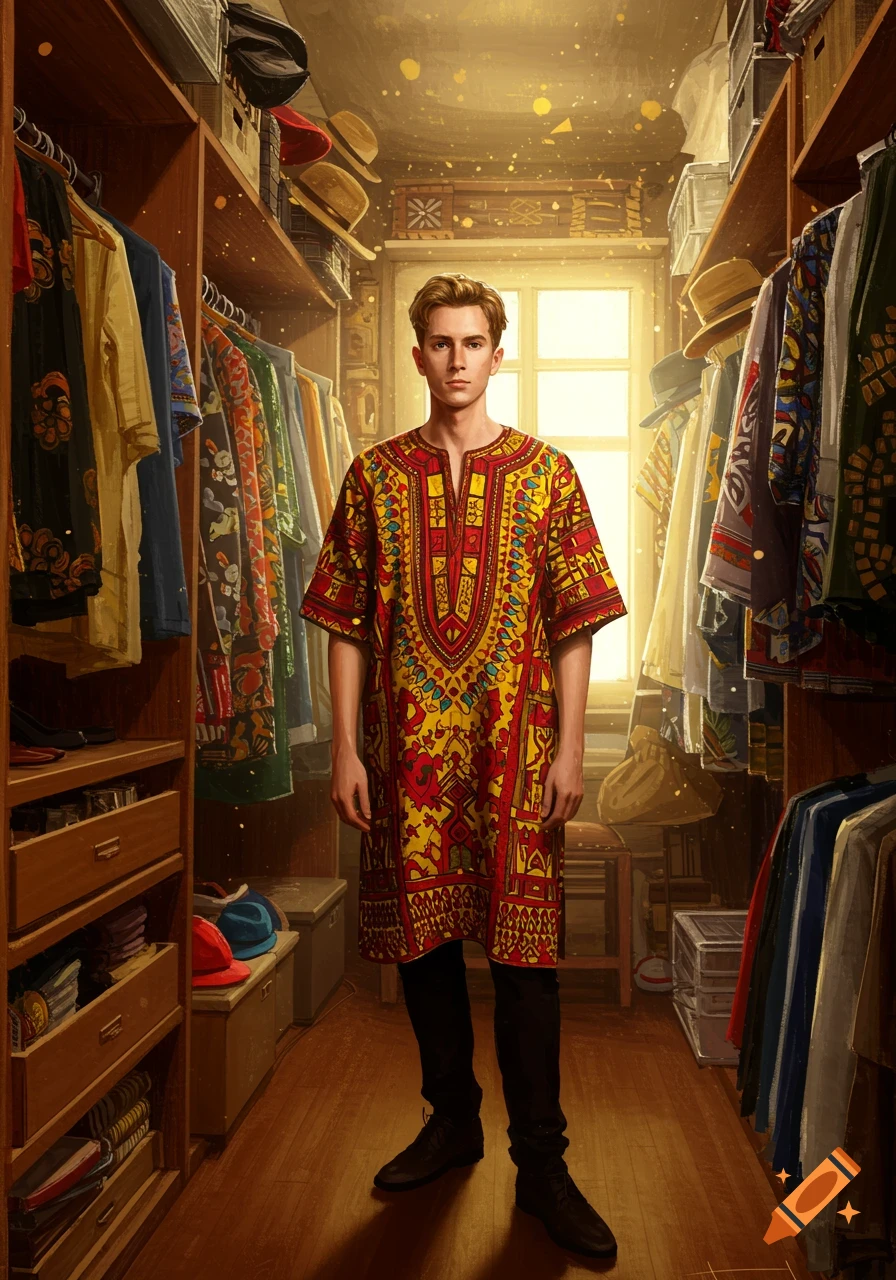 A man in a vibrant yellow and red dashiki stands in a well-lit wooden closet filled with various hanging clothes.
