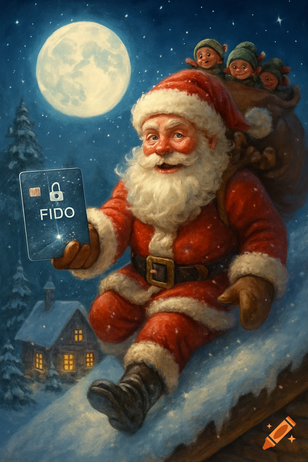 An illustration of Santa Claus on a snowy roof at night, holding a FIDO card, with elves in his sack under a full moon.