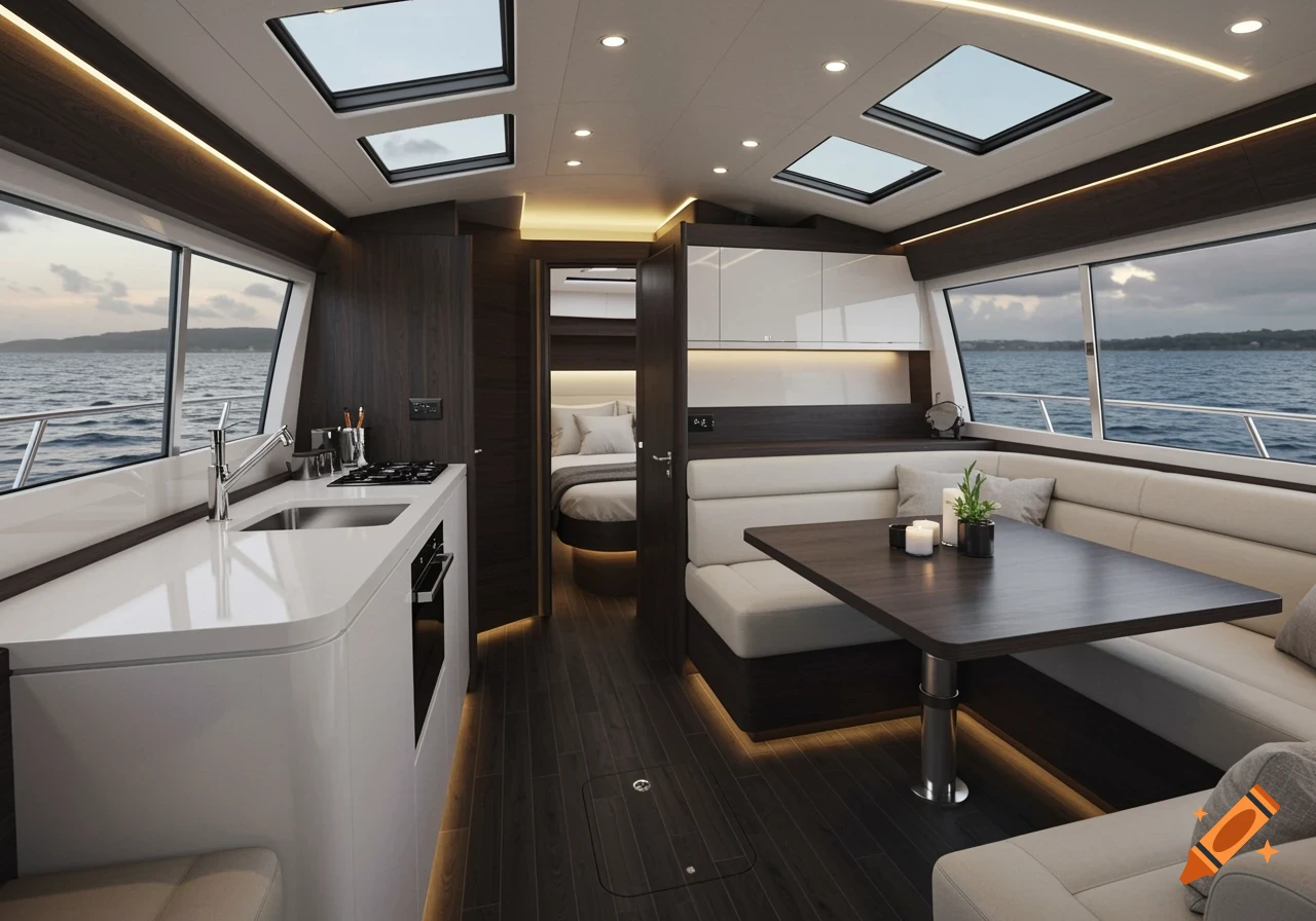 Photorealistic interior of a luxury modern boat with dark wood floors, white walls, kitchen, dining area, and bedroom, overlooking the ocean.