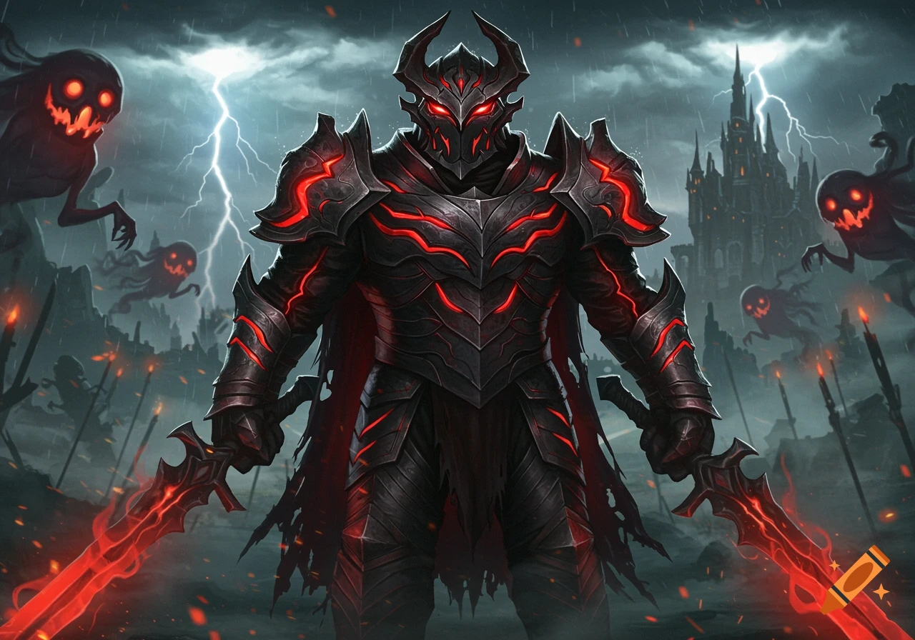 A menacing dark knight in black and red glowing armor, wielding two glowing swords, stands in a stormy, rainy landscape with a dark castle and ghostly figures.