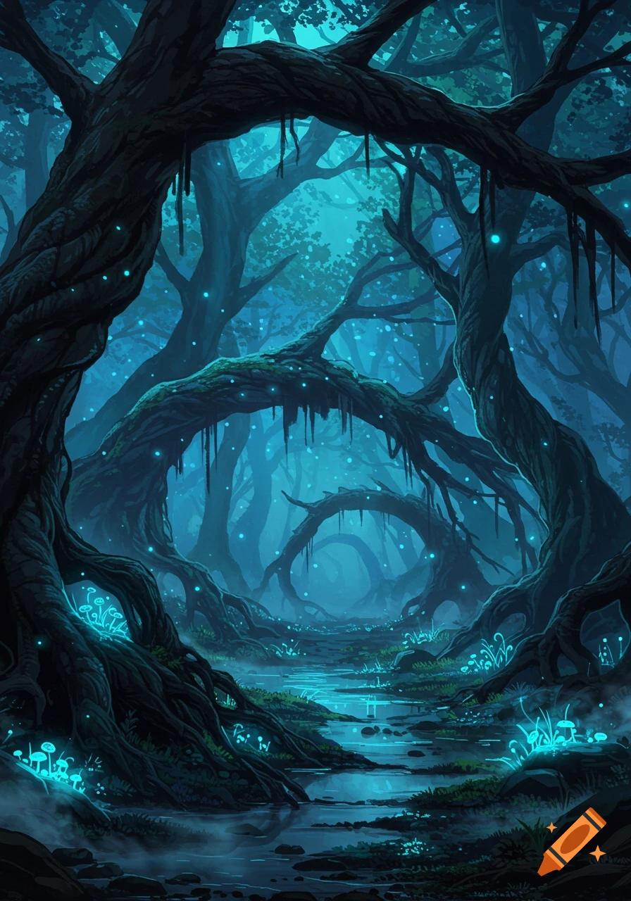 A mystical forest with glowing blue mushrooms and plants by a stream, dark trees with glowing particles and an ethereal atmosphere.