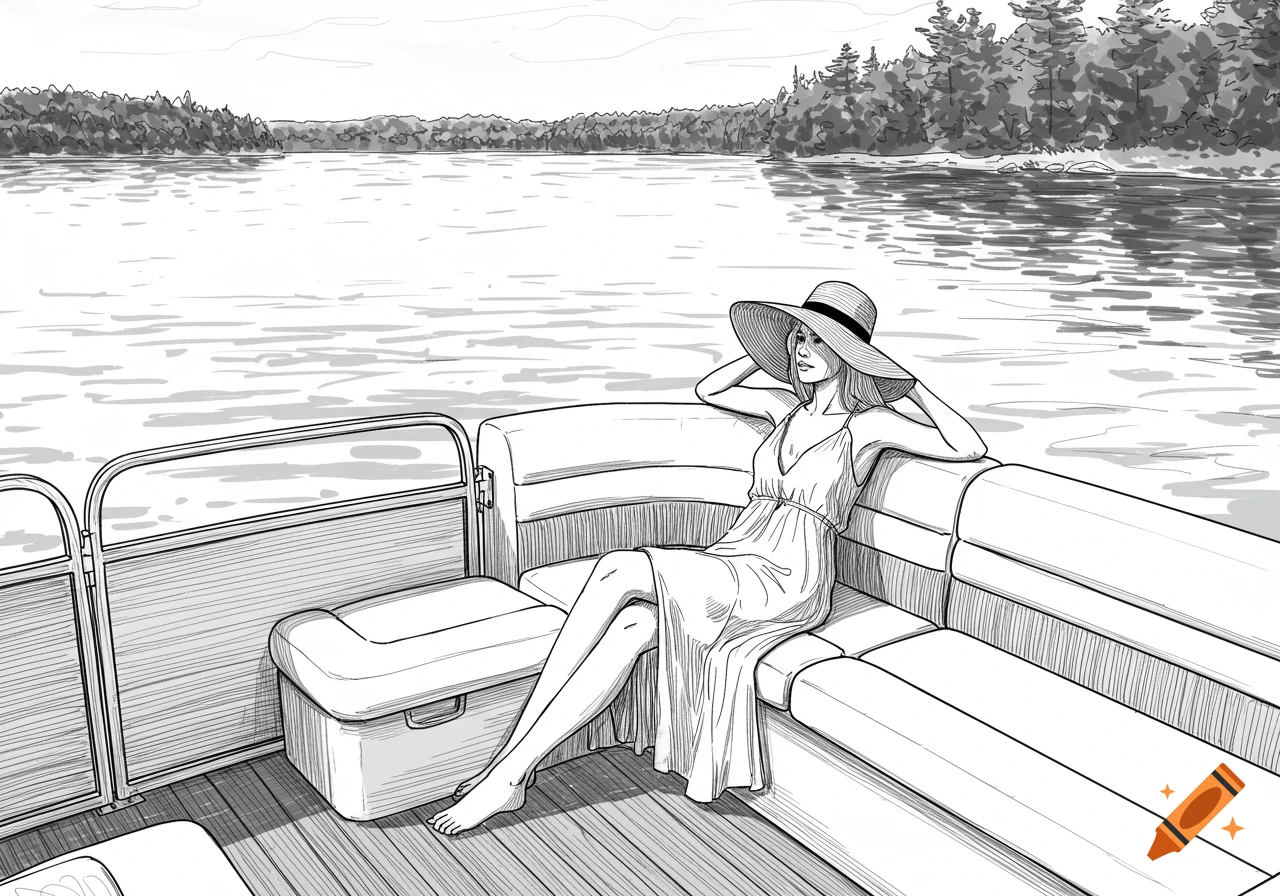 A blackline drawing of a woman in a hat and dress sitting on the deck of a pontoon boat on a lake.