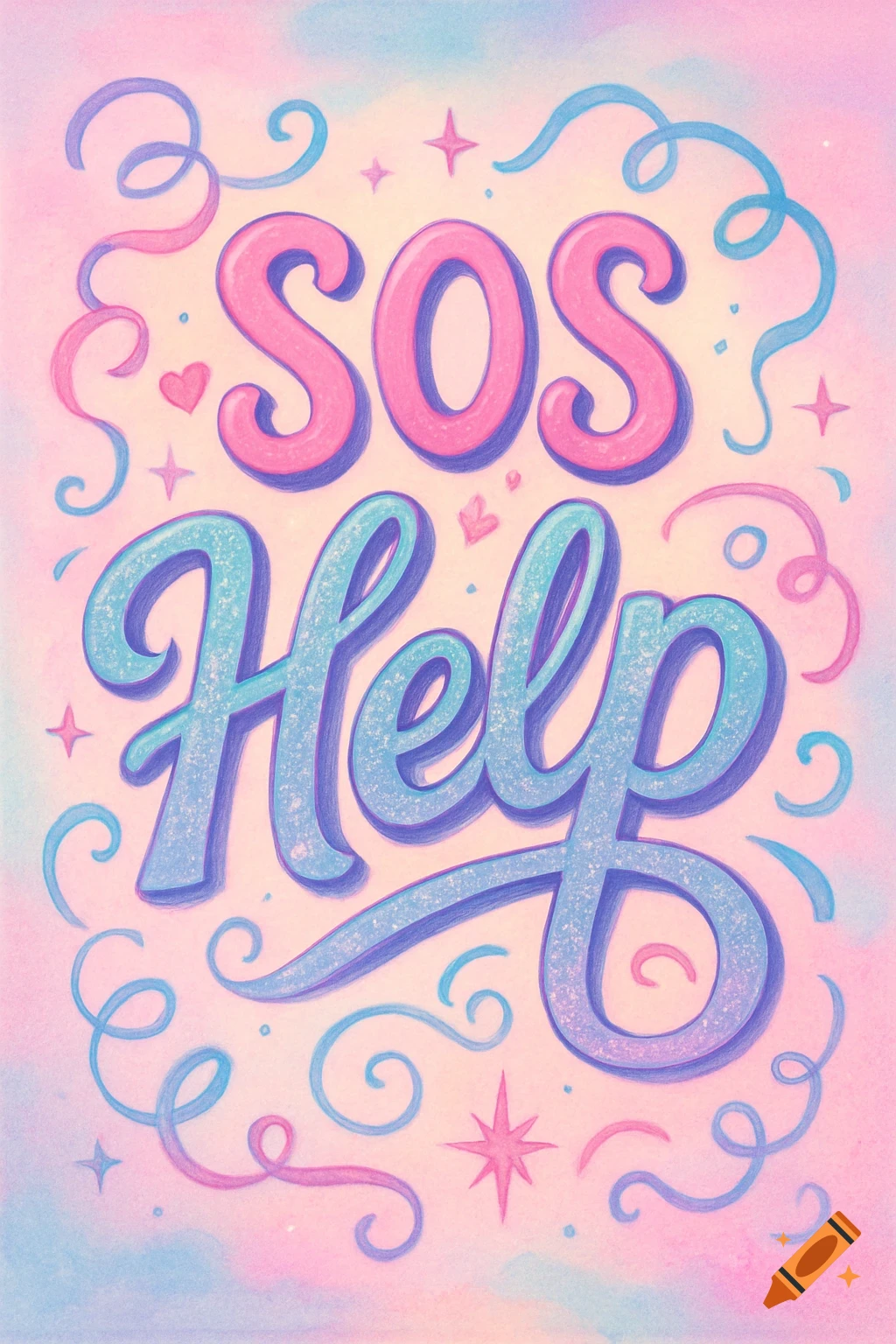Pastel pink and blue bubbly lettering reads 'SOS Help' on a textured background with swirls, hearts, and stars.