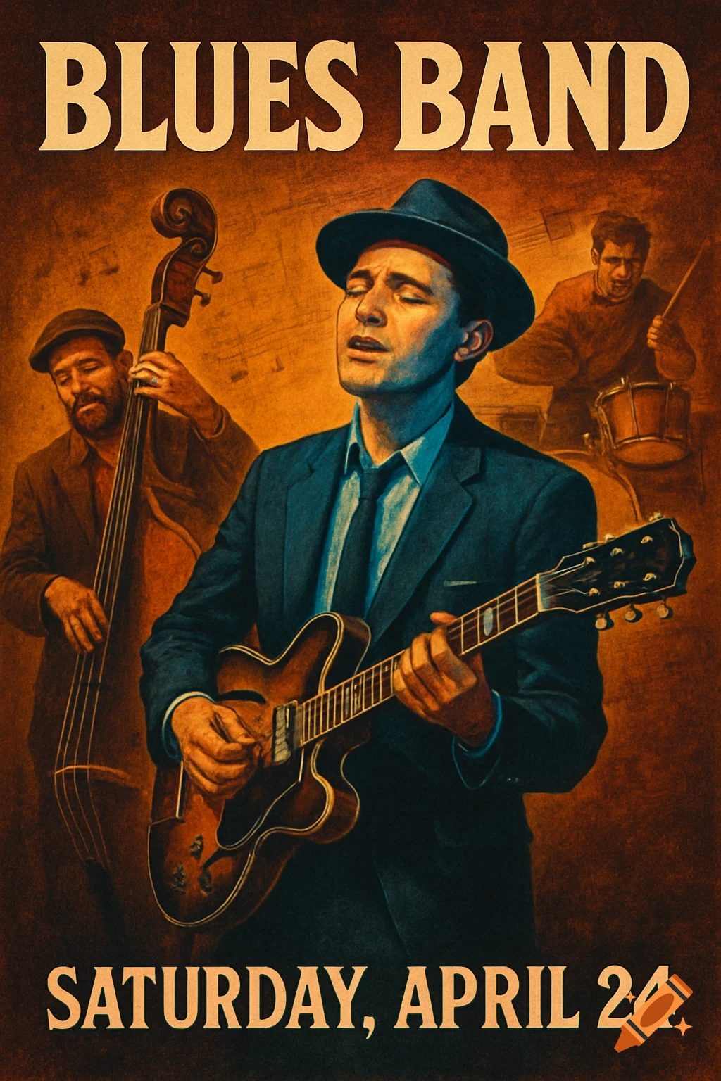 A vintage-style poster for a blues band with a guitarist, bassist, and drummer. Text reads 'BLUES BAND' and 'SATURDAY, APRIL 24'.