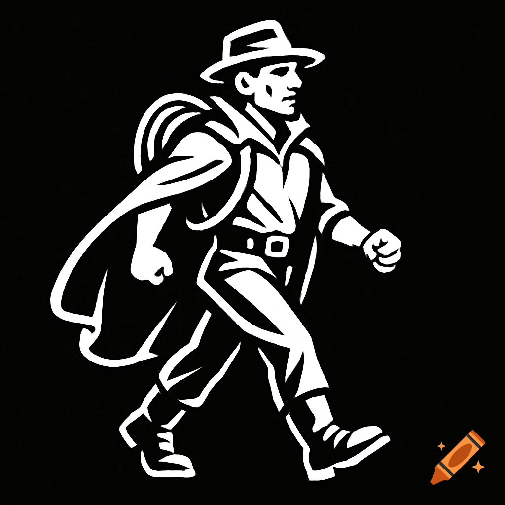 White silhouette illustration of a man in a hat and cape walking against a black background.