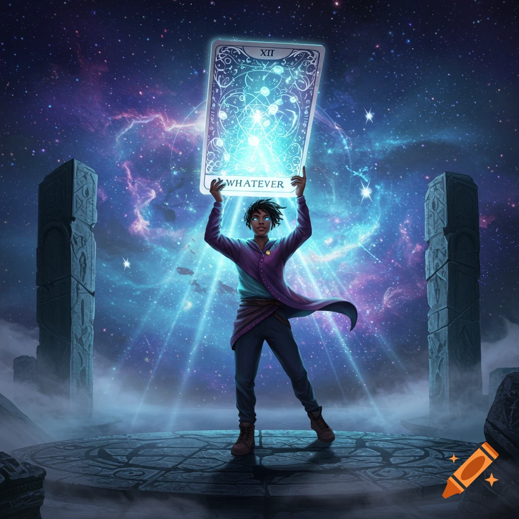 A person holds up a glowing tarot-like card with 'WHATEVER' written on it, against a backdrop of cosmic stars and nebulae, flanked by ancient pillars.