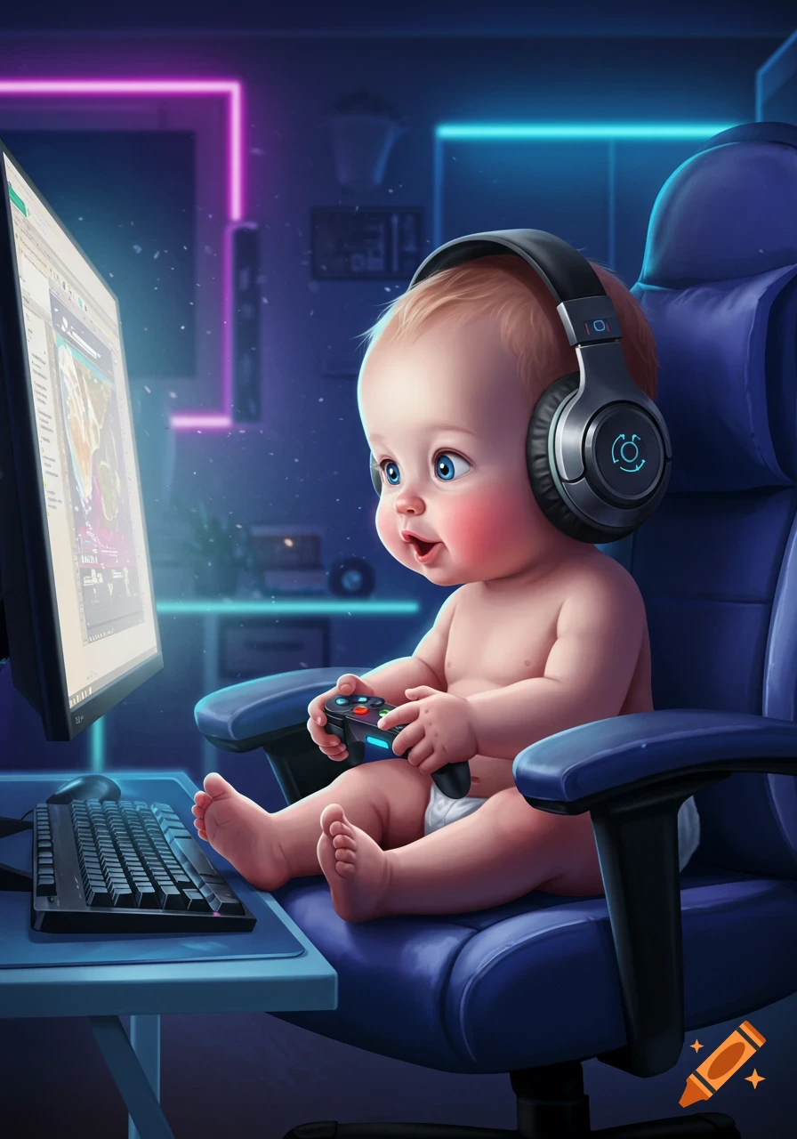 A cute cartoon baby wearing headphones sits in a gaming chair, holding a controller and looking at a PC monitor in a neon-lit room.