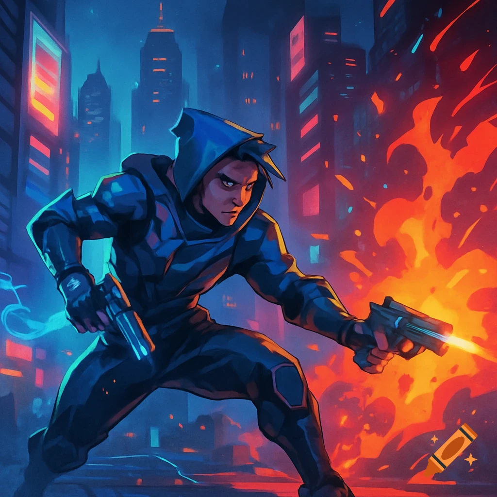 Stylized comic art of a hooded figure in a cyberpunk city, crouching with two pistols, surrounded by fire and neon lights.