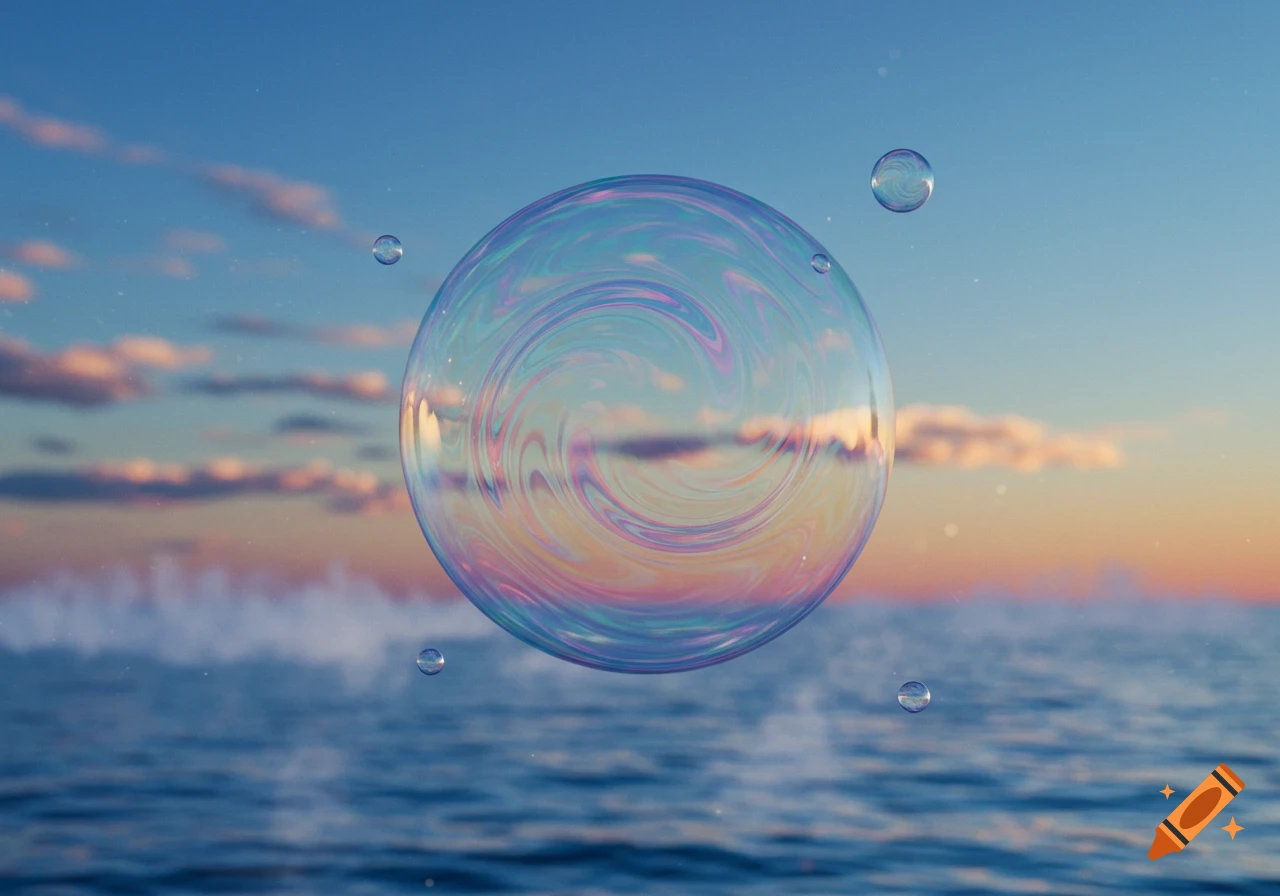A large iridescent bubble floats above calm blue water under a sunset sky, with smaller bubbles surrounding it.