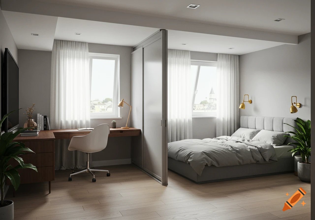 A modern, minimalist bedroom and home office combination with a grey bed, a wooden desk with a white chair, and large windows bringing in natural light.