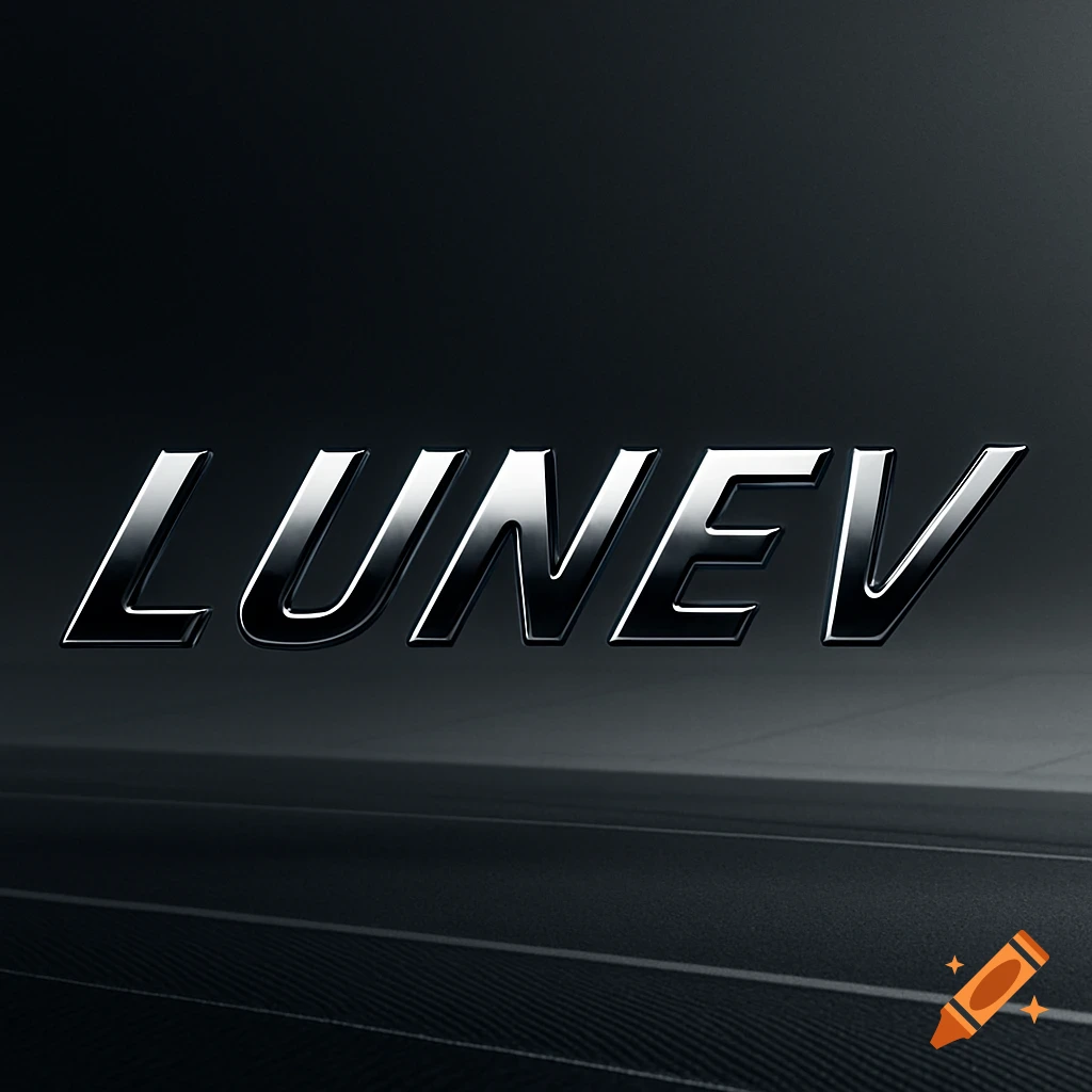 Bold, metallic 'LUNEV' text with a chrome finish on a dark, textured background, in a sleek, modern style.