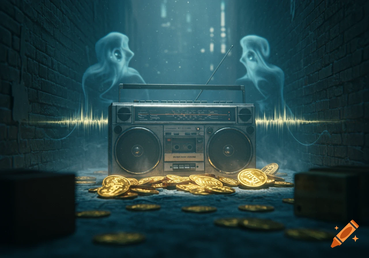 A moody, photorealistic image of a boombox surrounded by gold coins in a dark alley, with ghostly figures and a glowing sound wave.