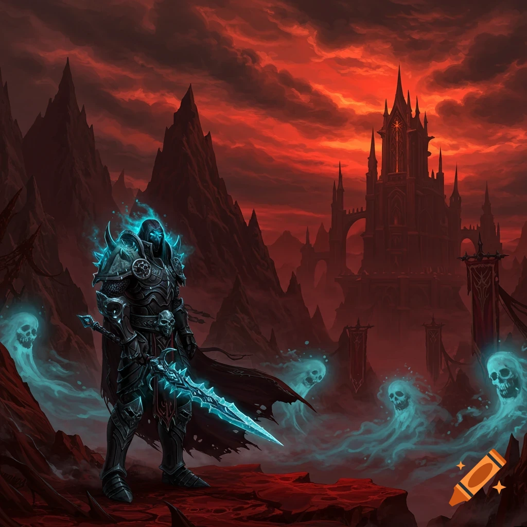 A dark knight with glowing blue armor and sword stands on a desolate red landscape with mountains, ghostly skulls, and a gothic castle under a fiery red sky.