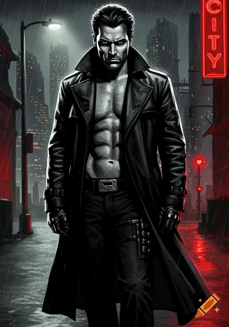 Muscular man in long trench coat in rainy, dark city street with red 'CITY' neon sign, comic book noir style.