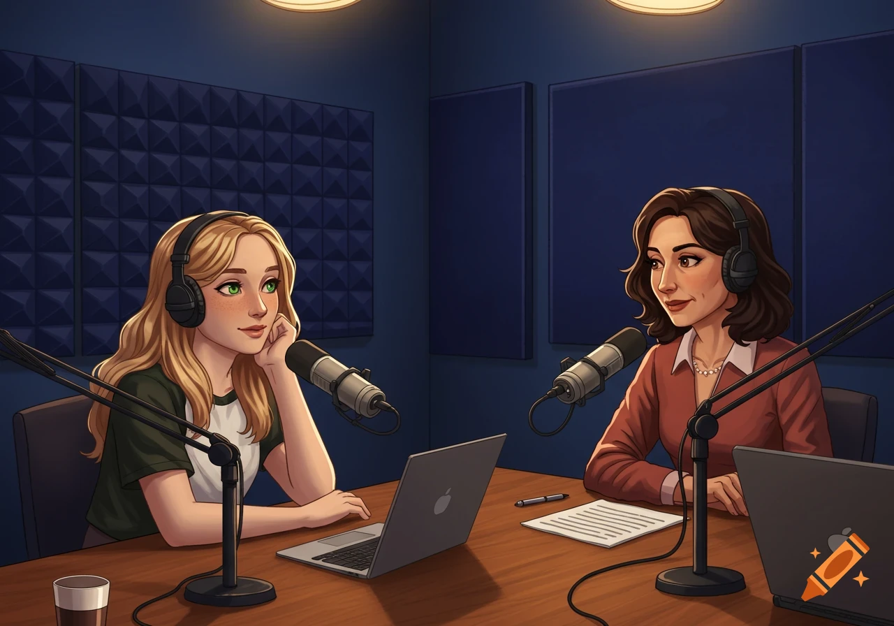 Two women, one blonde and one brunette, recording a podcast in a studio with microphones and laptops in an illustrated style.