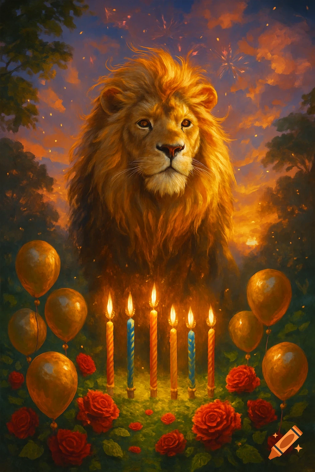 A majestic golden lion in a fiery sunset sky with glowing birthday candles, red roses, and golden balloons in a painterly style.