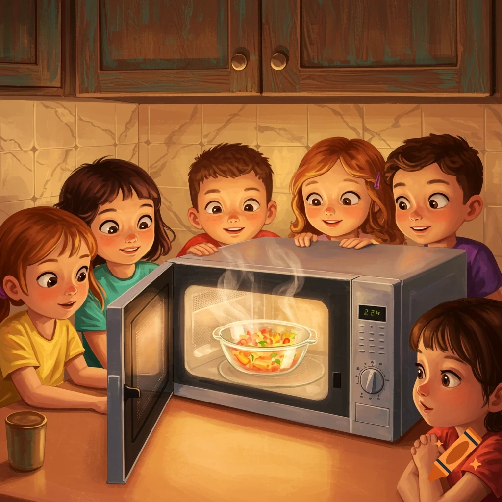 Cartoon illustration of excited children gathered around a microwave, watching a bowl of food steaming inside.