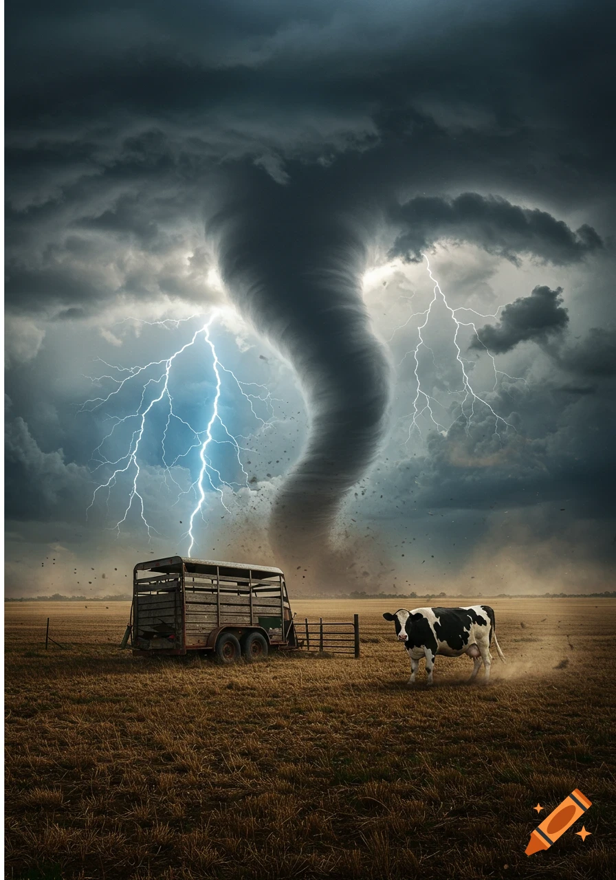A dramatic photorealistic image of a tornado sweeping through a rural field with lightning, a cow, and an old trailer.