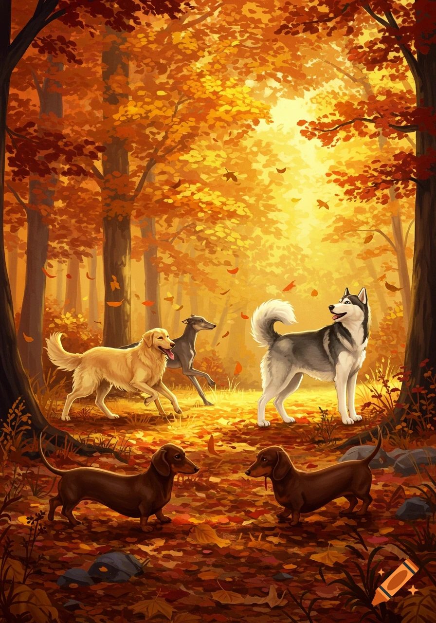 Illustrative scene of a golden retriever, greyhound, husky, and two dachshunds in a bright autumnal forest with orange and yellow leaves.