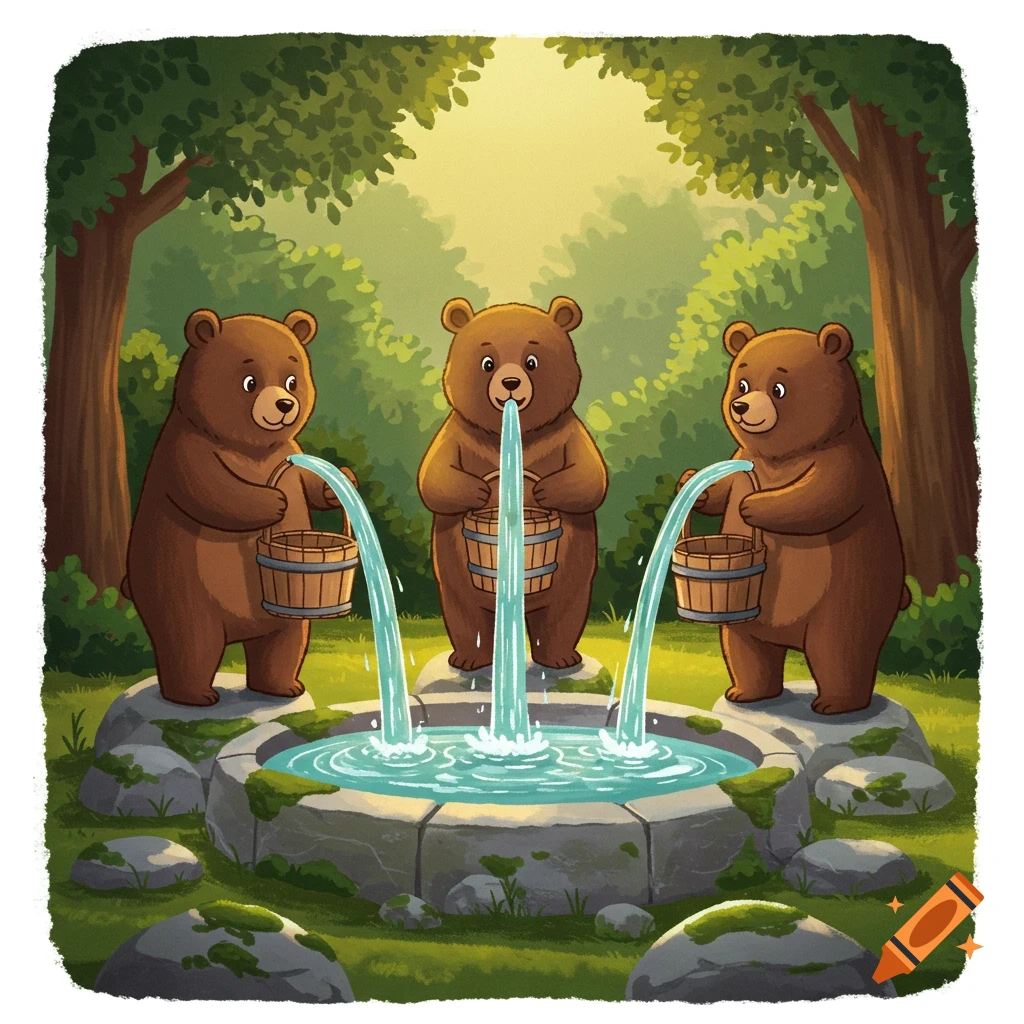 Three friendly cartoon bears pour water from buckets into a stone fountain in a whimsical forest.