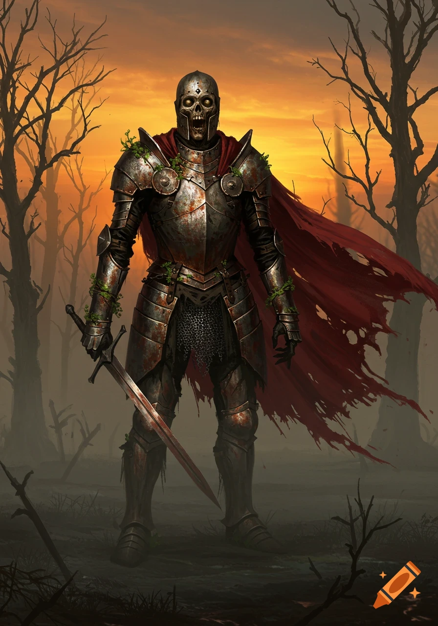 A skeletal knight in rusted armor and a tattered red cape stands with a sword in a desolate landscape at sunset.