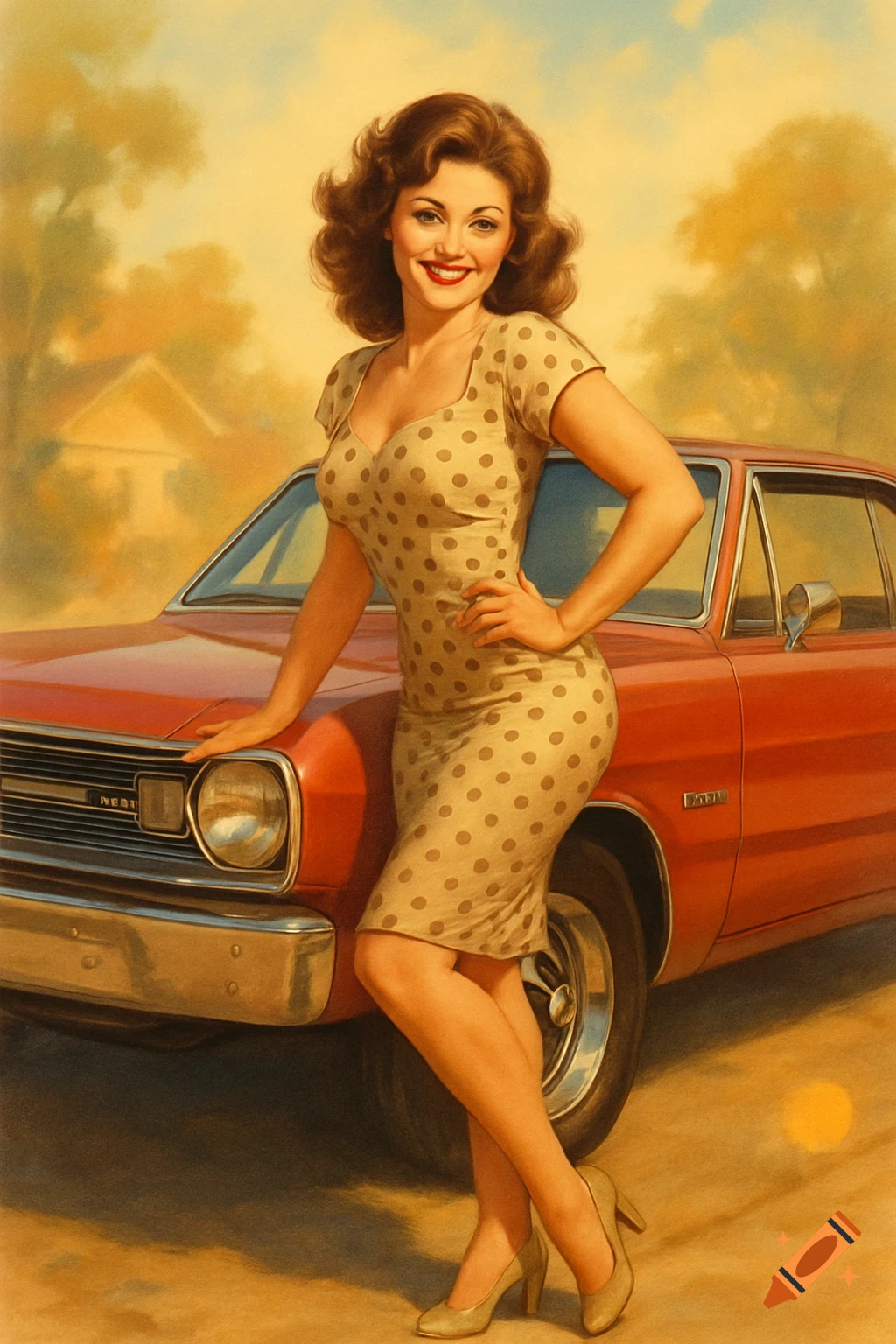 A smiling woman in a polka dot dress poses in a pin-up style next to a red vintage car, painted illustration.