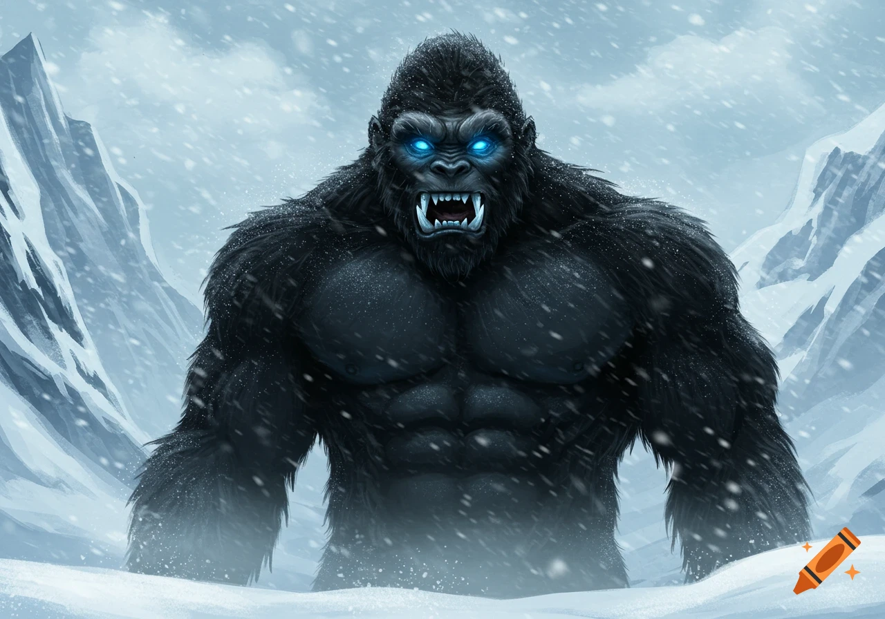 A large, muscular black yeti with glowing blue eyes and bared teeth stands in a snowy mountain landscape, depicted in a digital illustration.