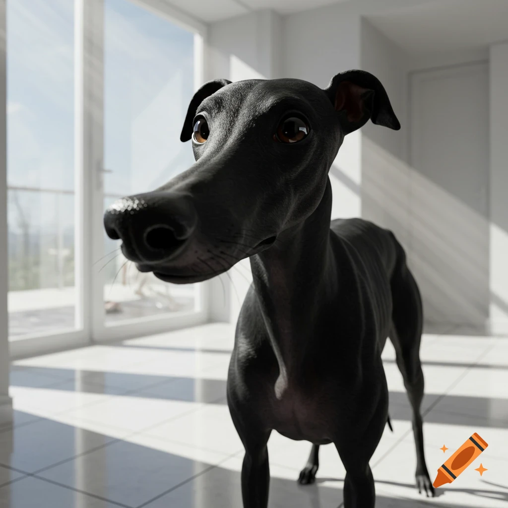 A black greyhound with large eyes and a long snout looks toward the viewer in a bright, modern room.