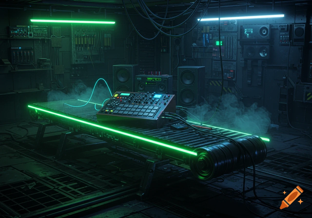 A drum machine and speakers on a glowing green conveyor belt in a dark, futuristic industrial room with neon lights and wires.
