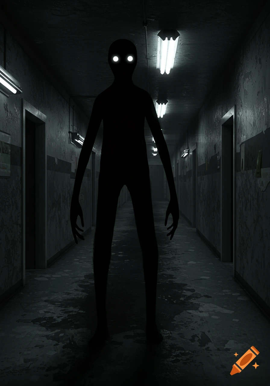 A tall, shadowy figure with glowing white eyes stands in a dark, grimy hallway lit by fluorescent lights.