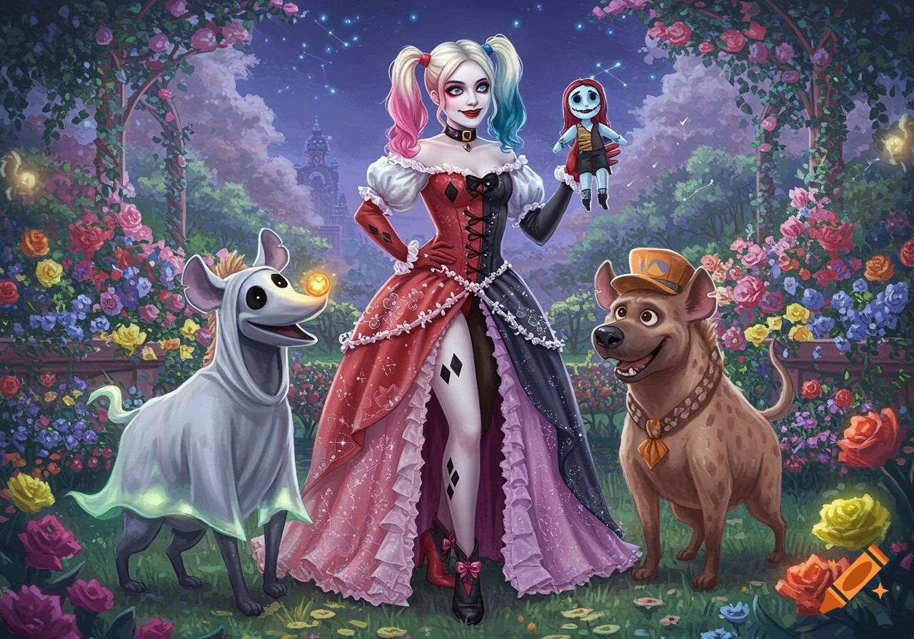Harley Quinn in a red and black princess gown stands in a fantastical rose garden, holding a Sally doll. A ghost dog resembling Zero and a spotted dog resembling Dug are by her sides.