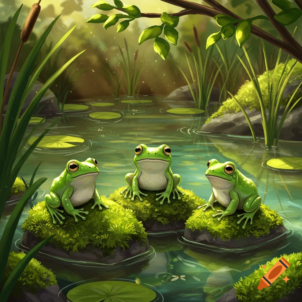Three cute green frogs sit on mossy rocks in a sunlit pond with lily pads and reeds in an illustration style.