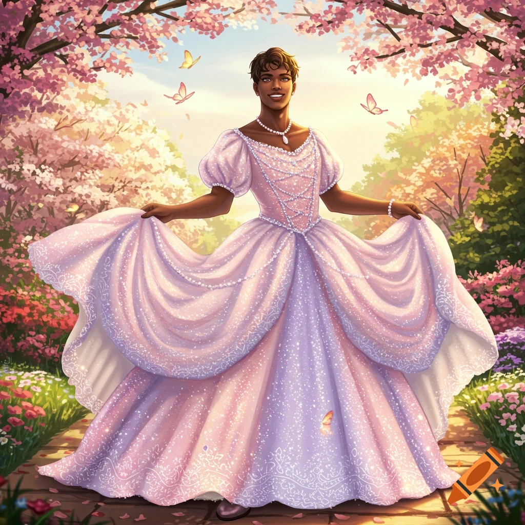 A person in a sparkling pink and purple princess gown poses on a cherry blossom path, surrounded by blooming trees and flowers.