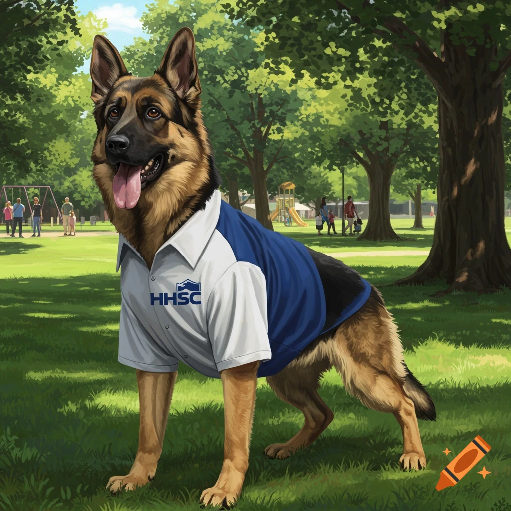An illustrated German Shepherd dog wearing a blue and white polo shirt with "HHSC" logo, standing in a sunny park.